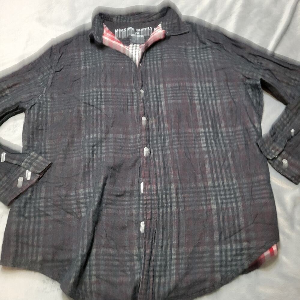 Mossimo Button Down Shirt Mens XXL Reverese Plaid Lined Black‎ Long Sleeve Sheer
